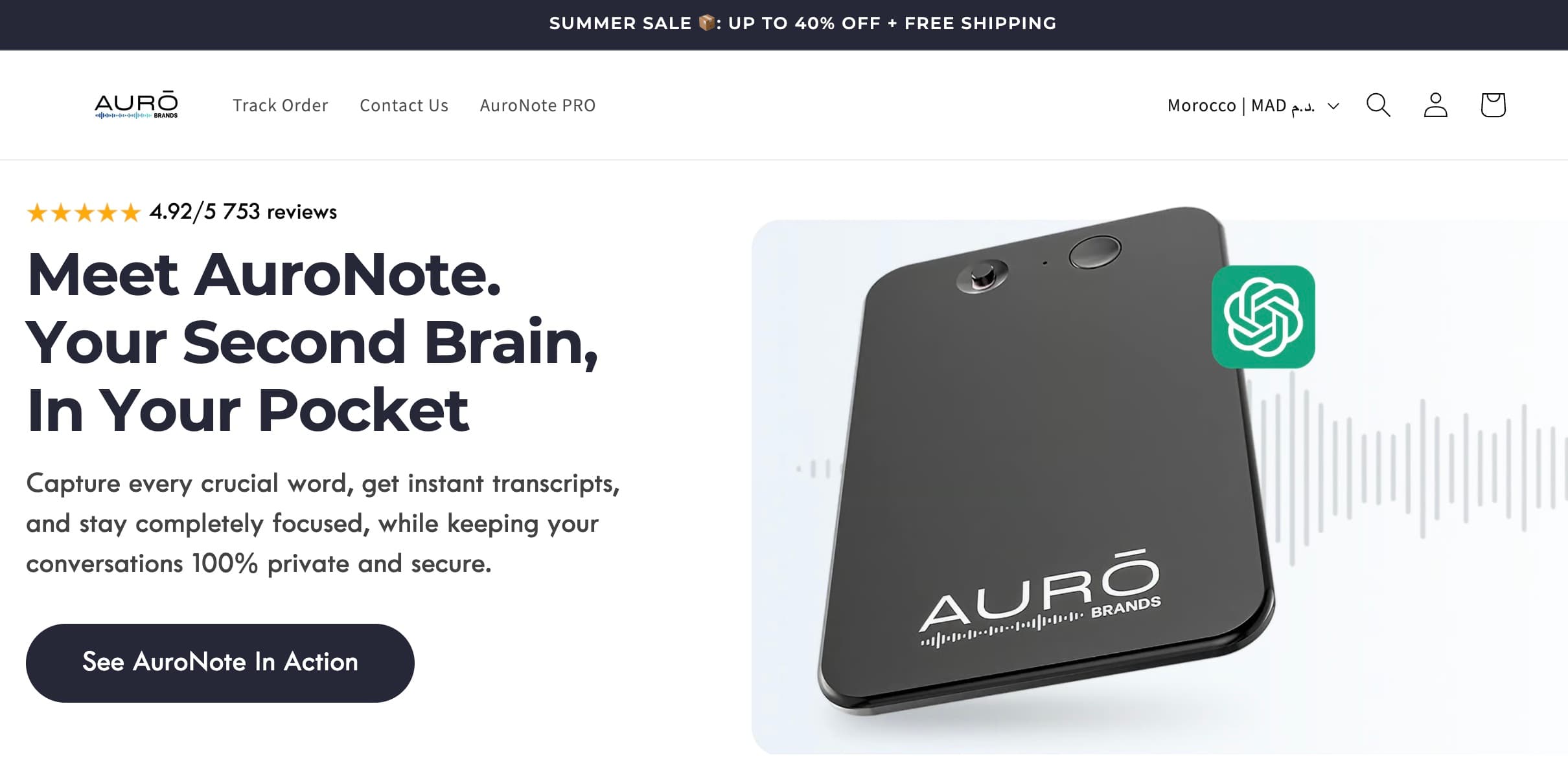 AURŌ Brands storefront for the AuroNote AI voice recorder, rated 4.92 out of 5 from 753 reviews, with the tagline Your Second Brain, In Your Pocket.