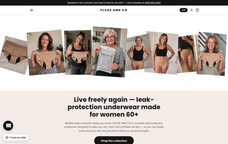 The Fluxe and Co storefront: leak-protection underwear made for women over sixty, with a customer care number published in the header of every page.
