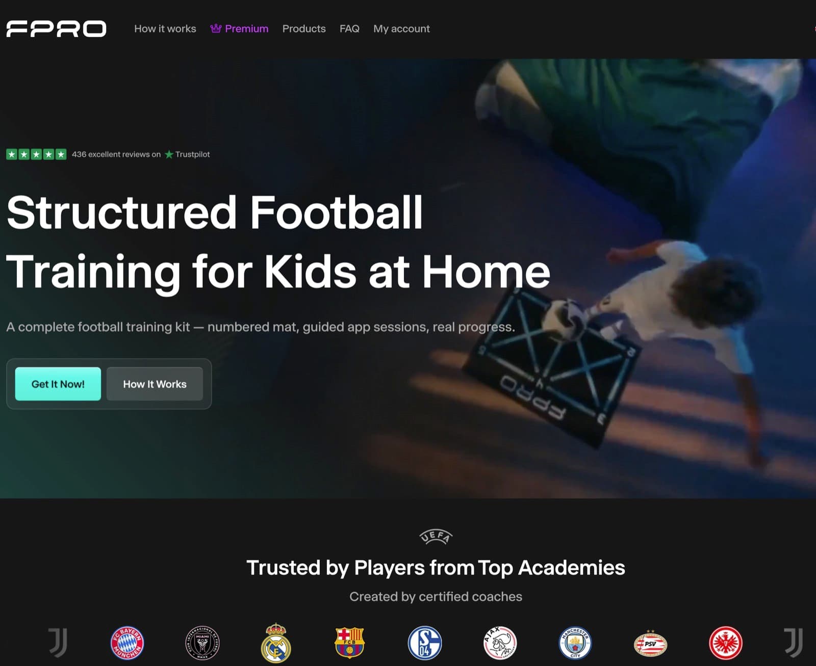 FPRO storefront, a structured football training kit for kids, with 436 Trustpilot reviews shown above the headline.