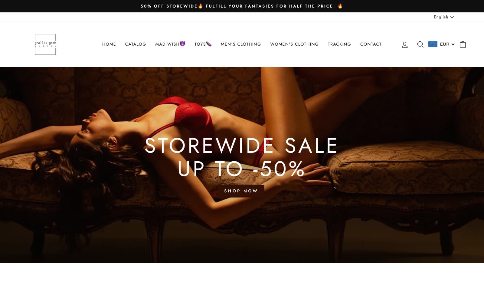 GhallasGoth storefront running a storewide sale, gothic and alternative fashion.