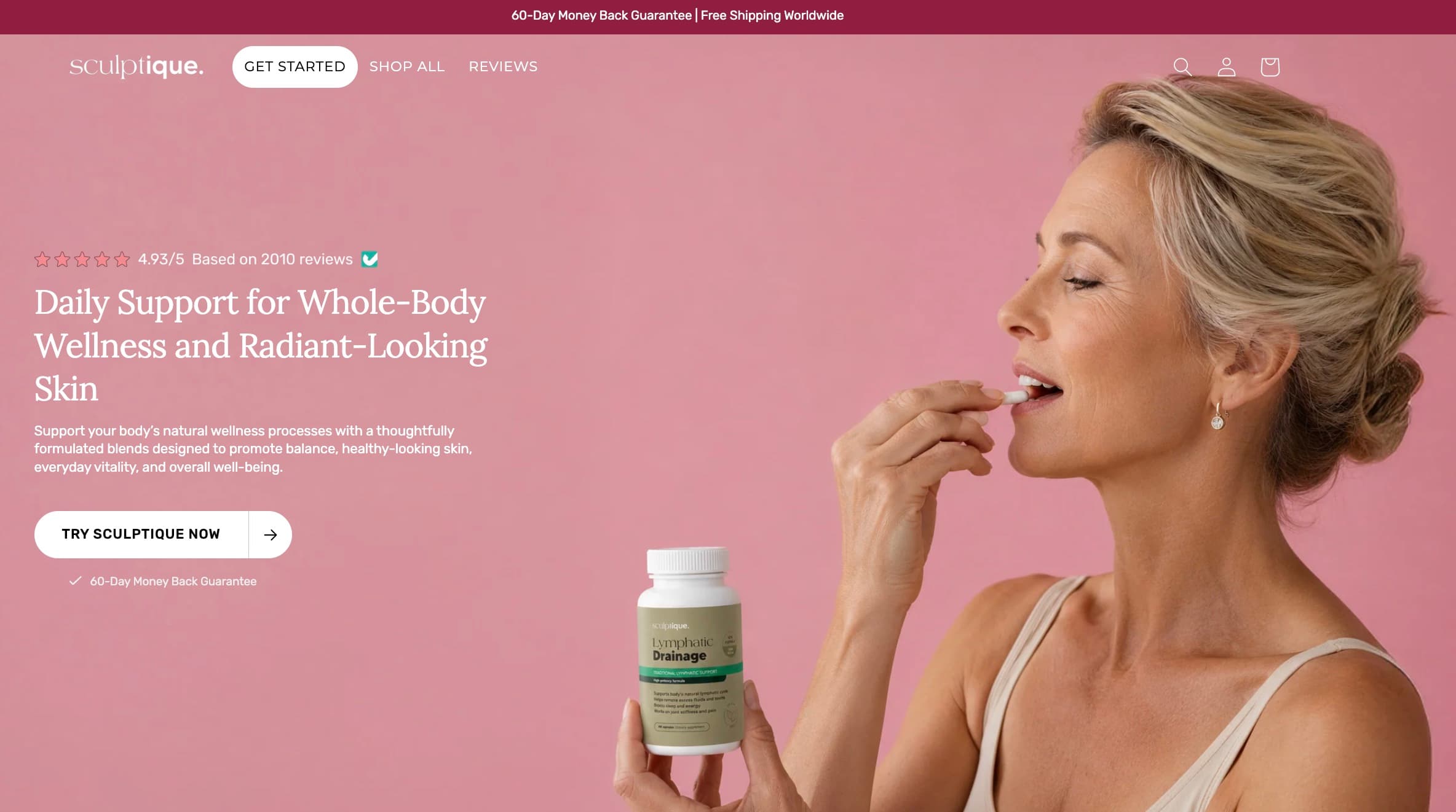 TrySculptique Shopify storefront rated 4.93 out of 5 from 2,010 reviews, showing the Lymphatic Drainage supplement and a 60-day money-back guarantee.