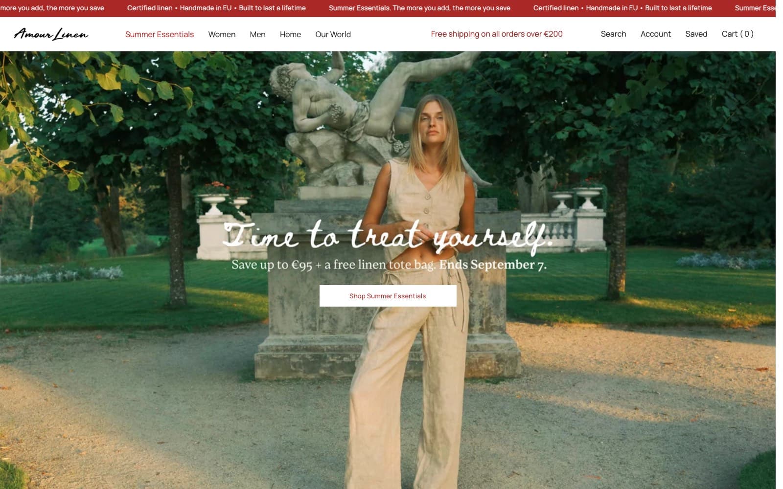 AmourLinen Shopify storefront, a summer linen campaign with free shipping over EUR 200.