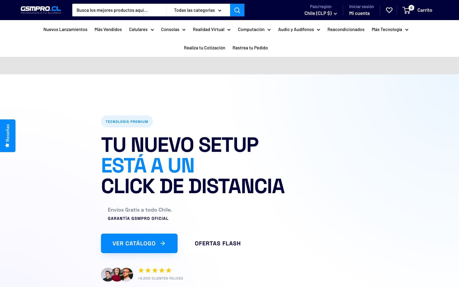GSMPRO.cl Shopify storefront in Chilean Spanish, showing free shipping across Chile and prices in CLP.