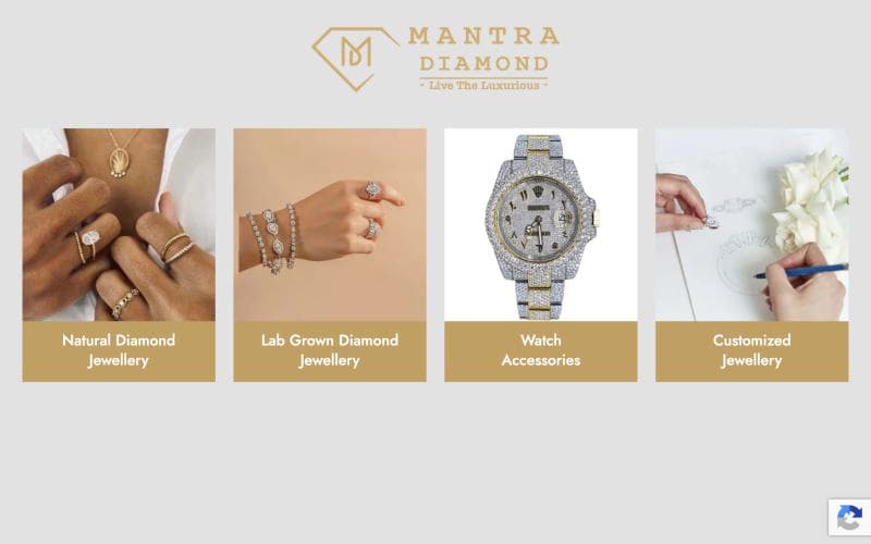 Mantra Diamond's trade site showing its four categories: natural diamond jewellery, lab grown diamond jewellery, watch accessories and customised jewellery.