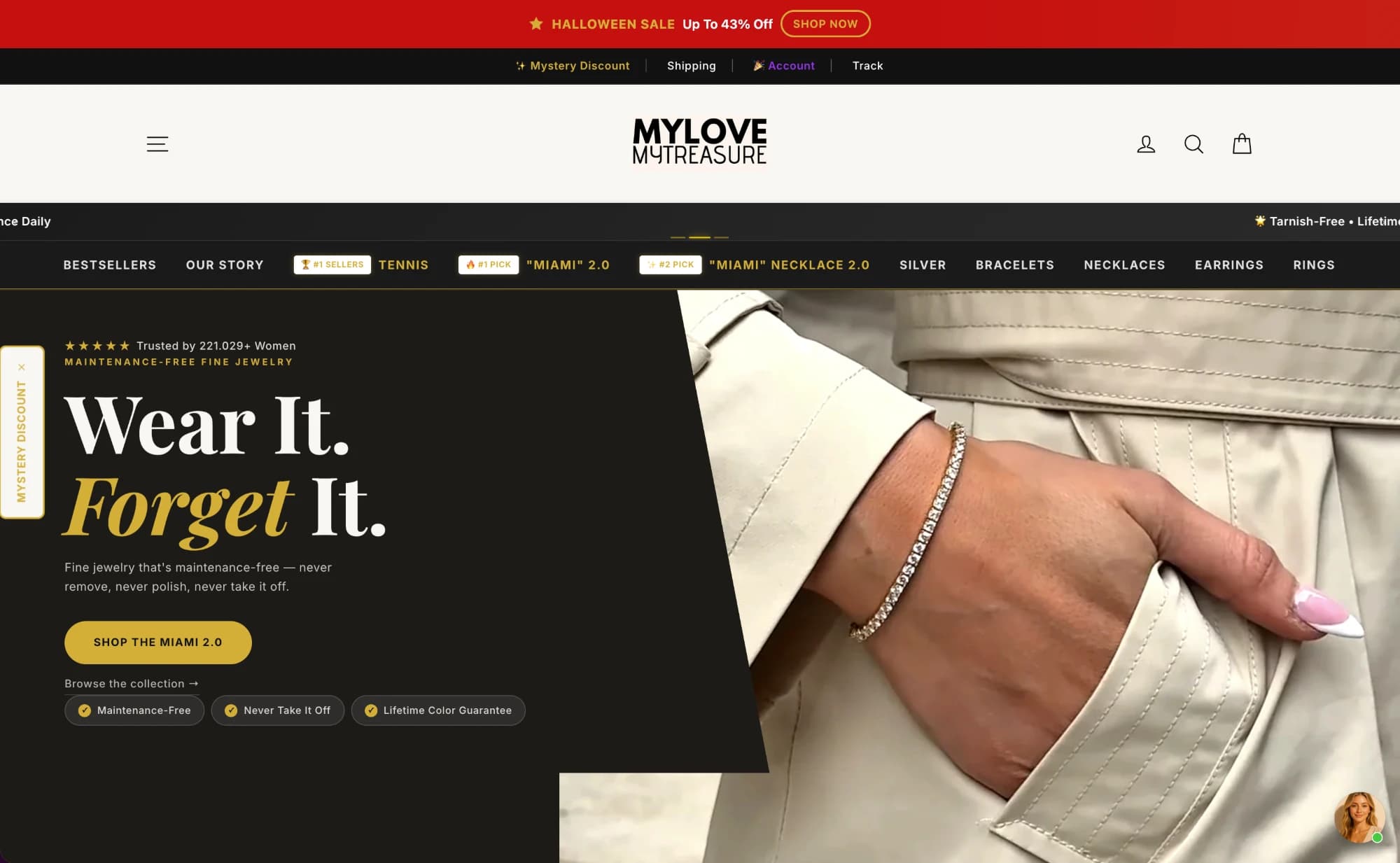 MyLoveMyTreasure storefront with the headline Wear It. Forget It., a Halloween sale banner at up to 43% off, and a tennis bracelet on a model's wrist.