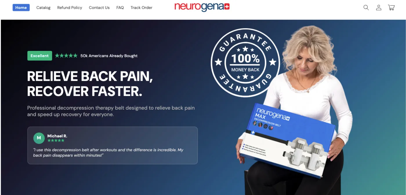 Neurogena Shopify storefront showing the Max Decompression Therapy Belt with a 100% money-back guarantee badge.