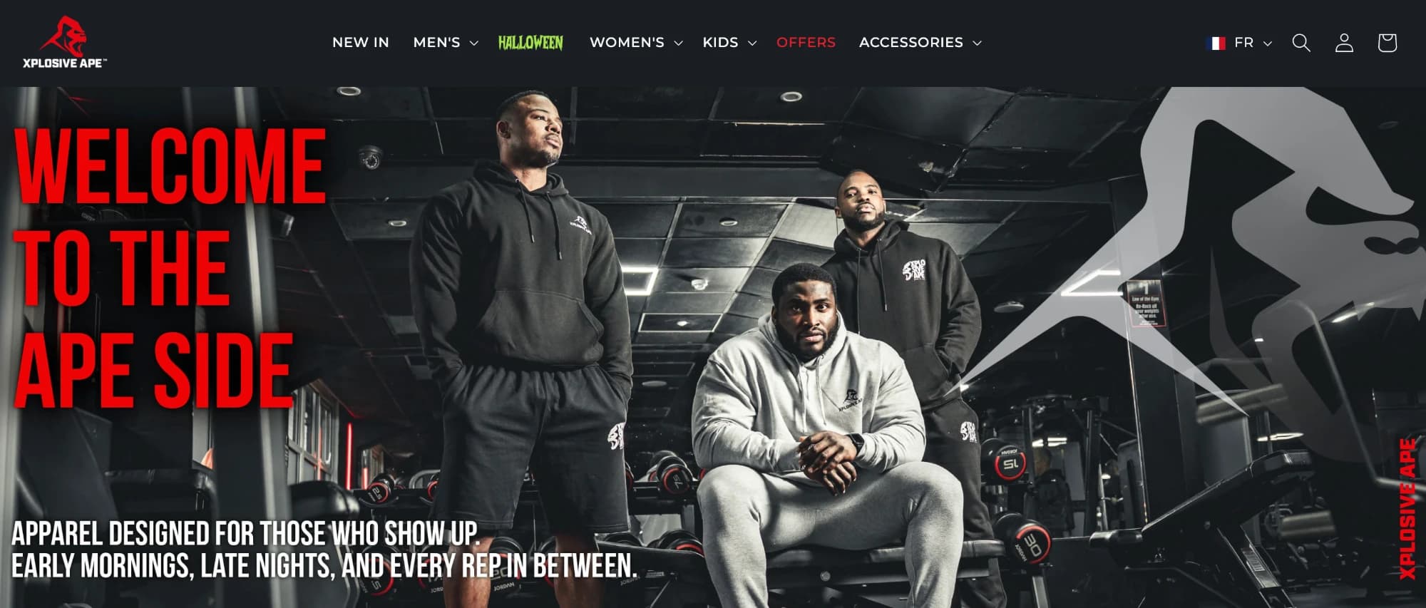 The Xplosive Ape storefront: apparel designed for those who show up, early mornings, late nights and every rep in between.