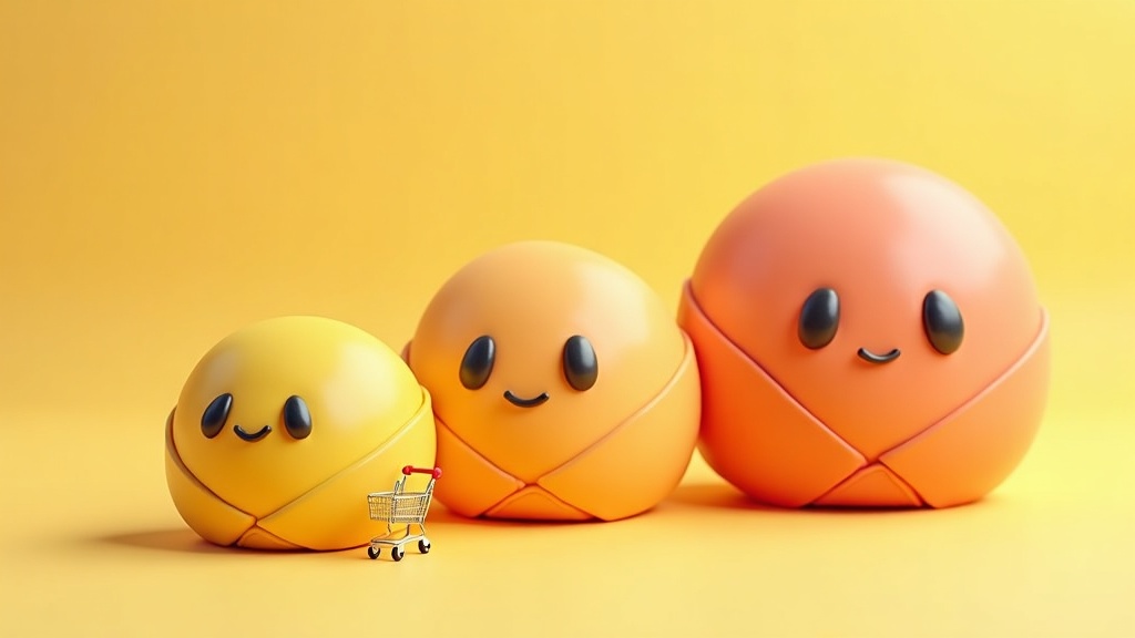 Three clay envelope characters in ascending size beside a small shopping cart, representing a three-email abandoned cart sequence