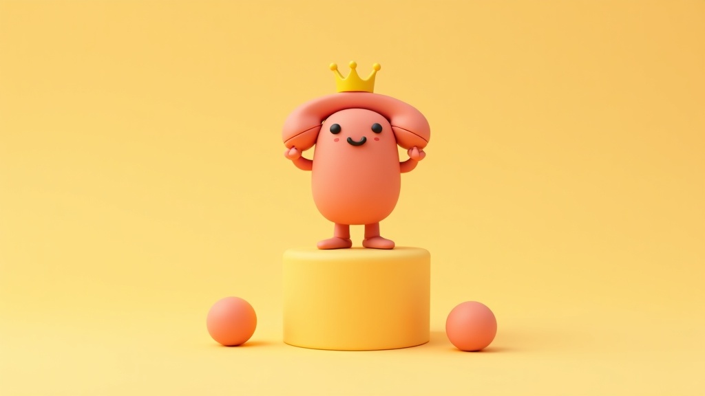Playful 3D clay illustration of a smiling telephone character wearing a small gold crown, standing on a podium between two smaller clay spheres