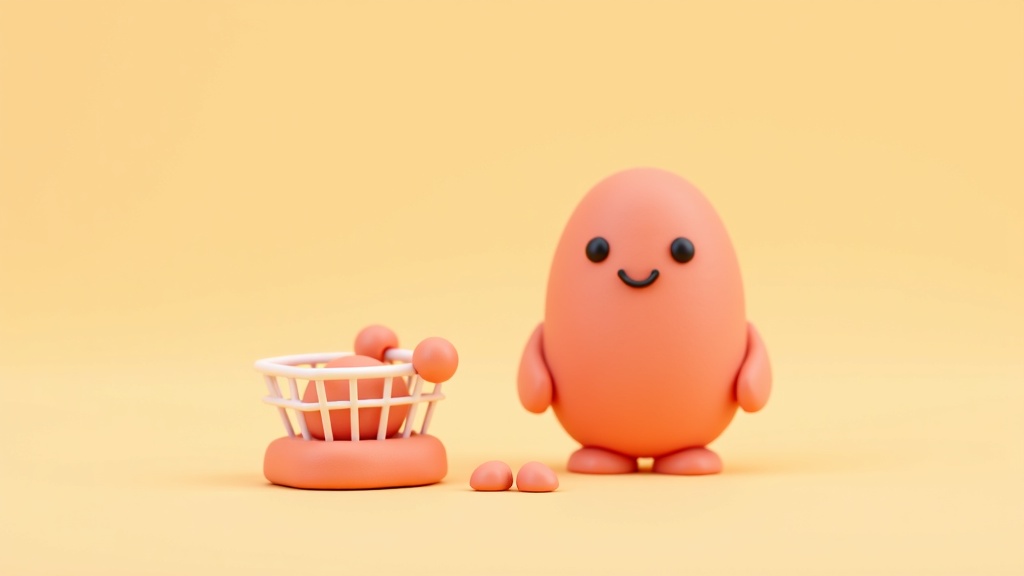 Playful 3D clay illustration of a smiling telephone character standing beside a small shopping basket and a headset