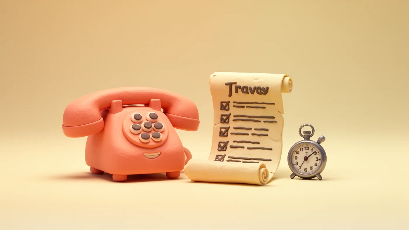 Playful 3D illustration of a telephone handset with a rolled paper script and a small stopwatch.