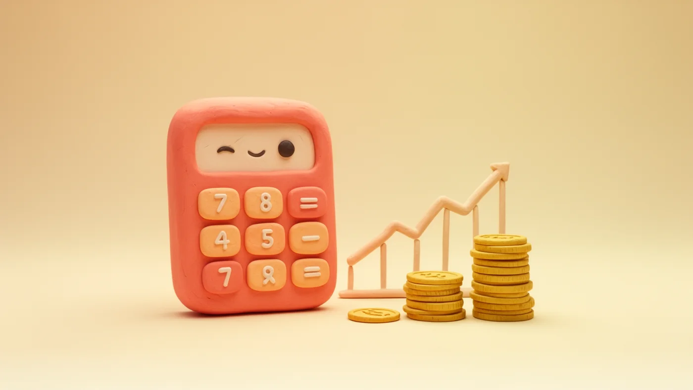 Playful 3D illustration of a calculator beside a small upward-trending chart and a stack of gold coins.