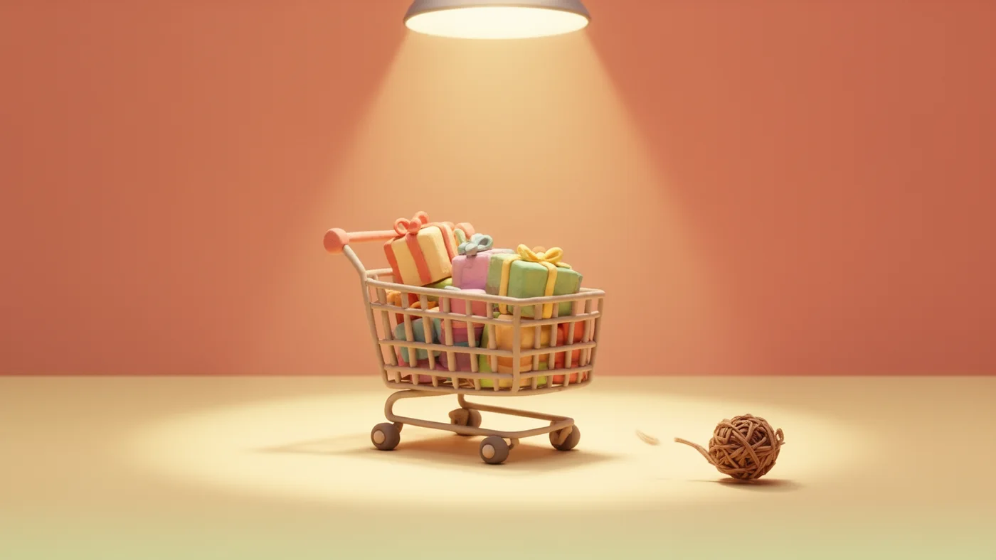 Playful 3D illustration of a shopping cart full of colorful parcels sitting abandoned under a single spotlight, with a small tumbleweed rolling past.