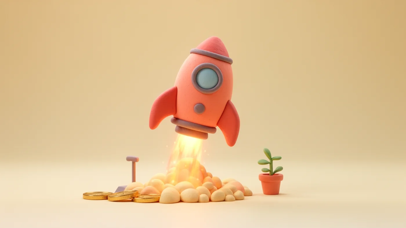 Playful 3D illustration of a rocket ship lifting off past gold coins and a small potted plant.