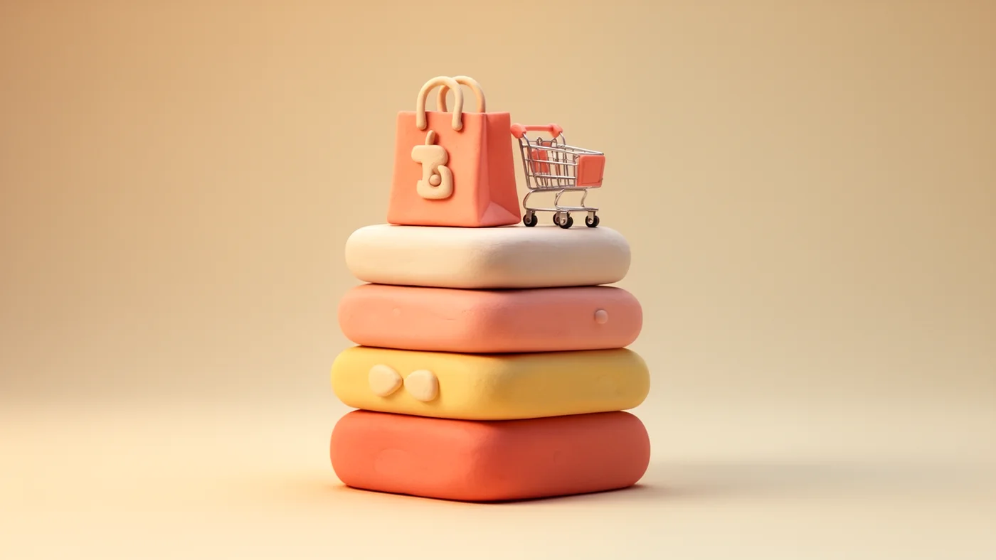 Playful 3D illustration of a stack of rounded app blocks topped with a shopping bag and a cart.